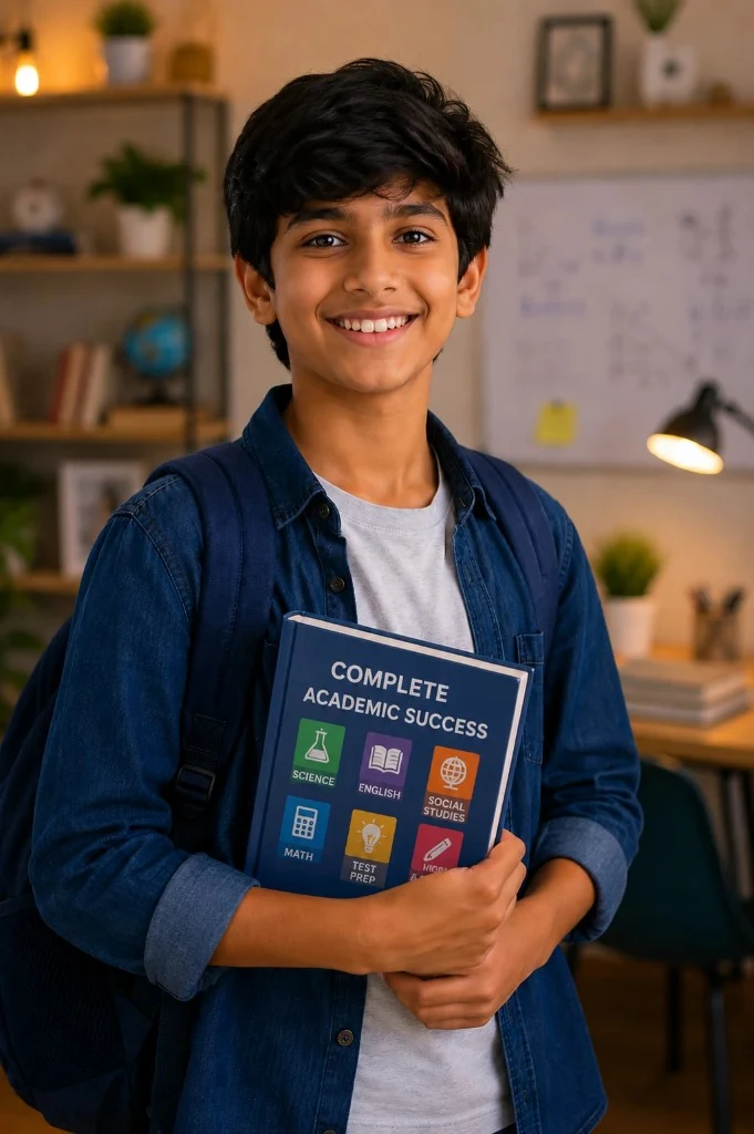 Smiling student holding a textbook in a bright study space
